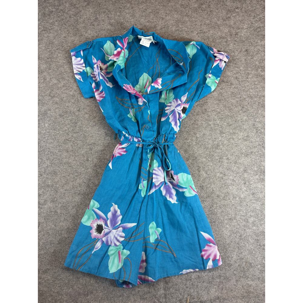 VINTAGE 80s LA Chic Mini Shirt Dress Girls Size 14 Blue Floral Tropical Beach